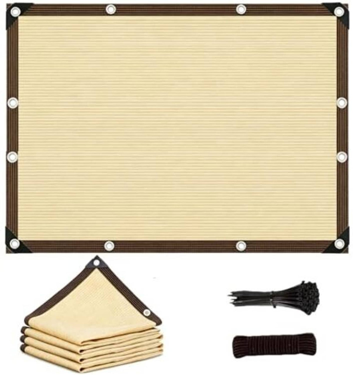 Sand-colored sun shade cloth panel with dark edging, grommets, and included ropes