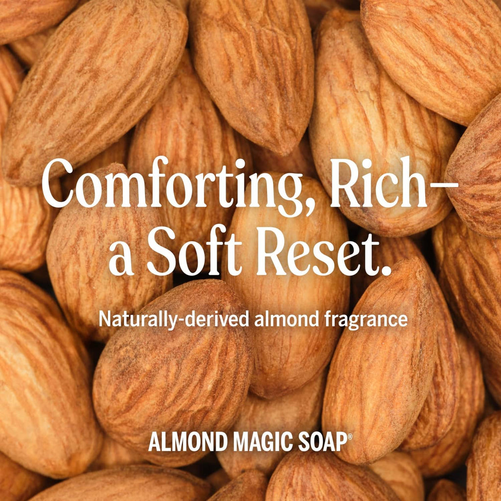 Almond soap product graphic with “Comforting, Rich - a Soft Reset” text