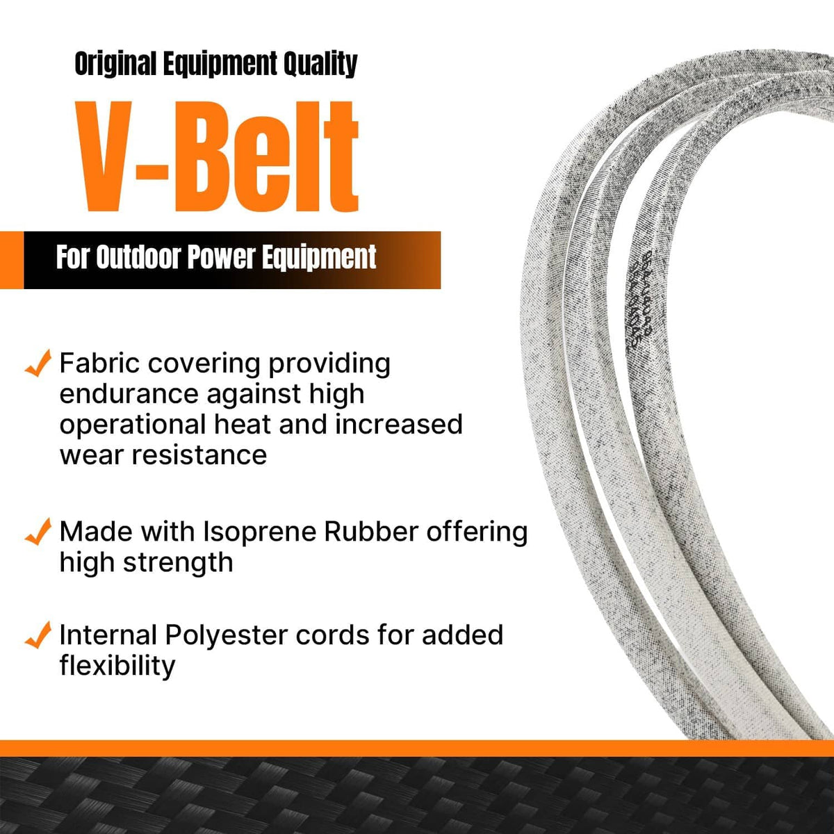 Gray V-belt for outdoor power equipment with textured fabric covering