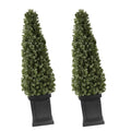 Artificial boxwood topiary set of 2, dark green cone trees in black square pots