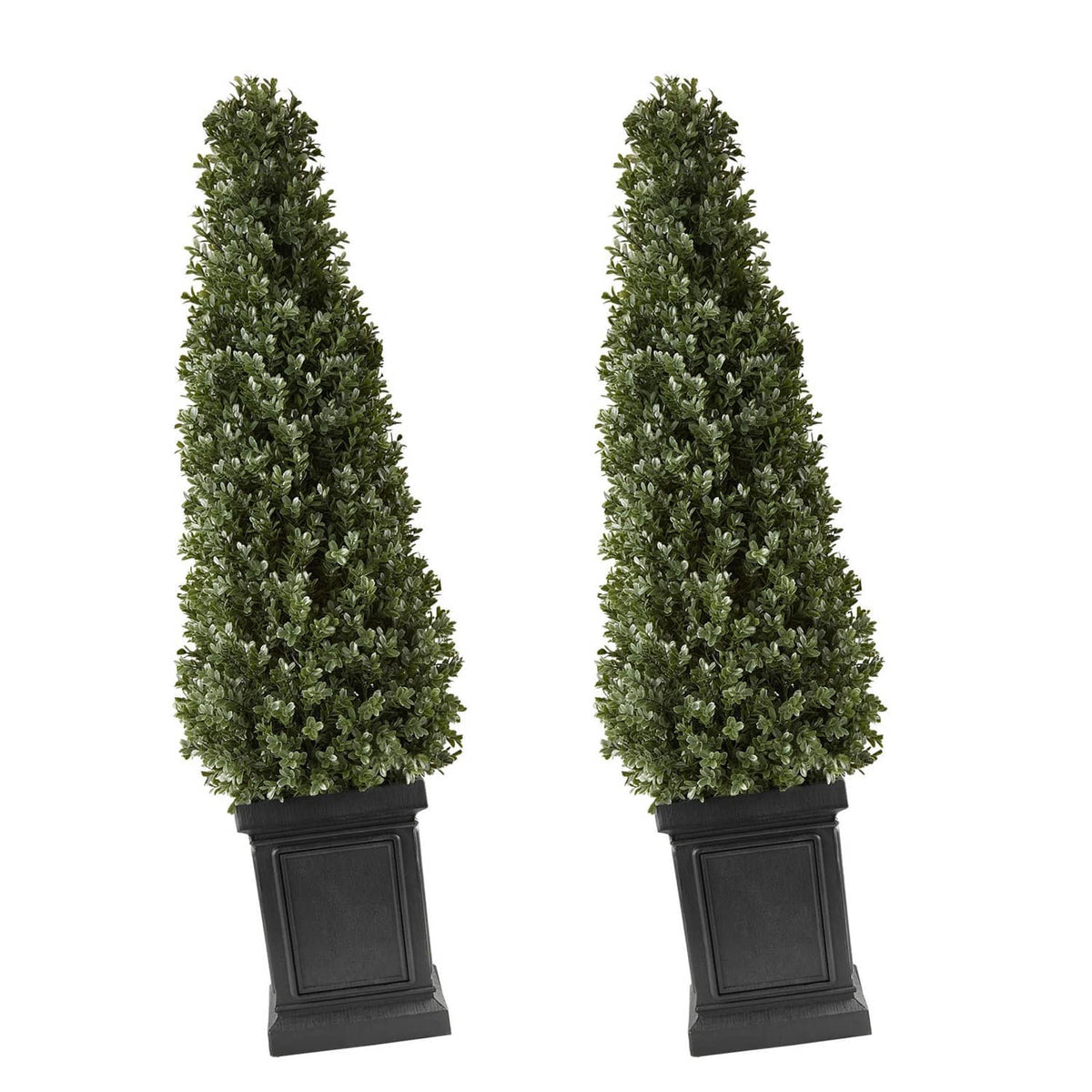 Artificial boxwood topiary set of 2, dark green cone trees in black square pots