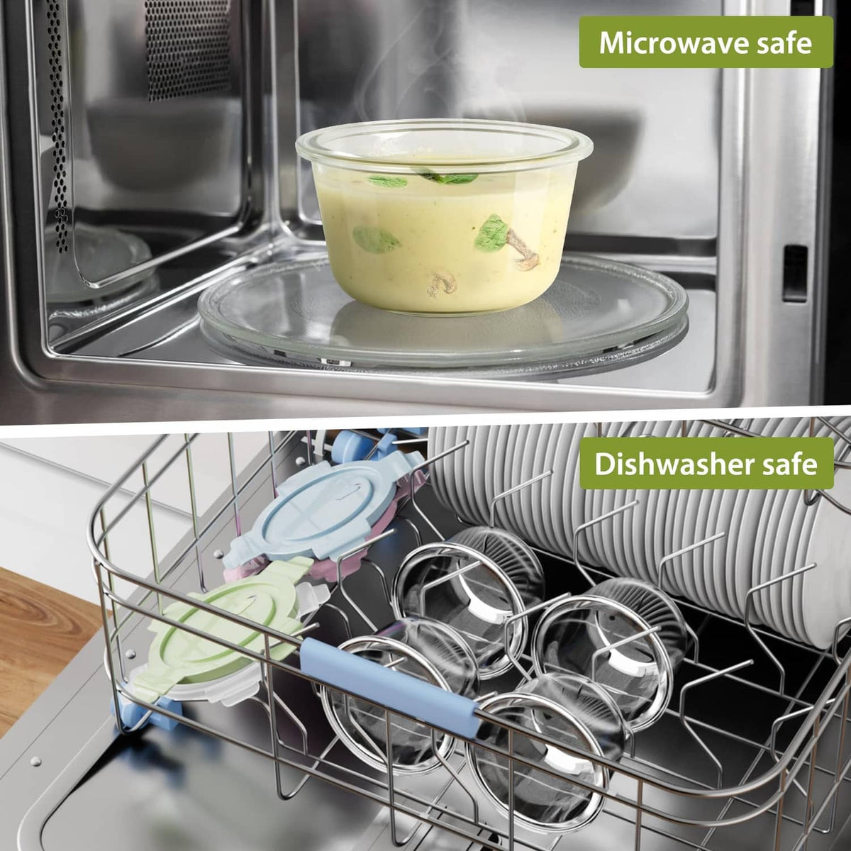 Clear glass meal prep containers on an oven rack and inside dishwasher racks.