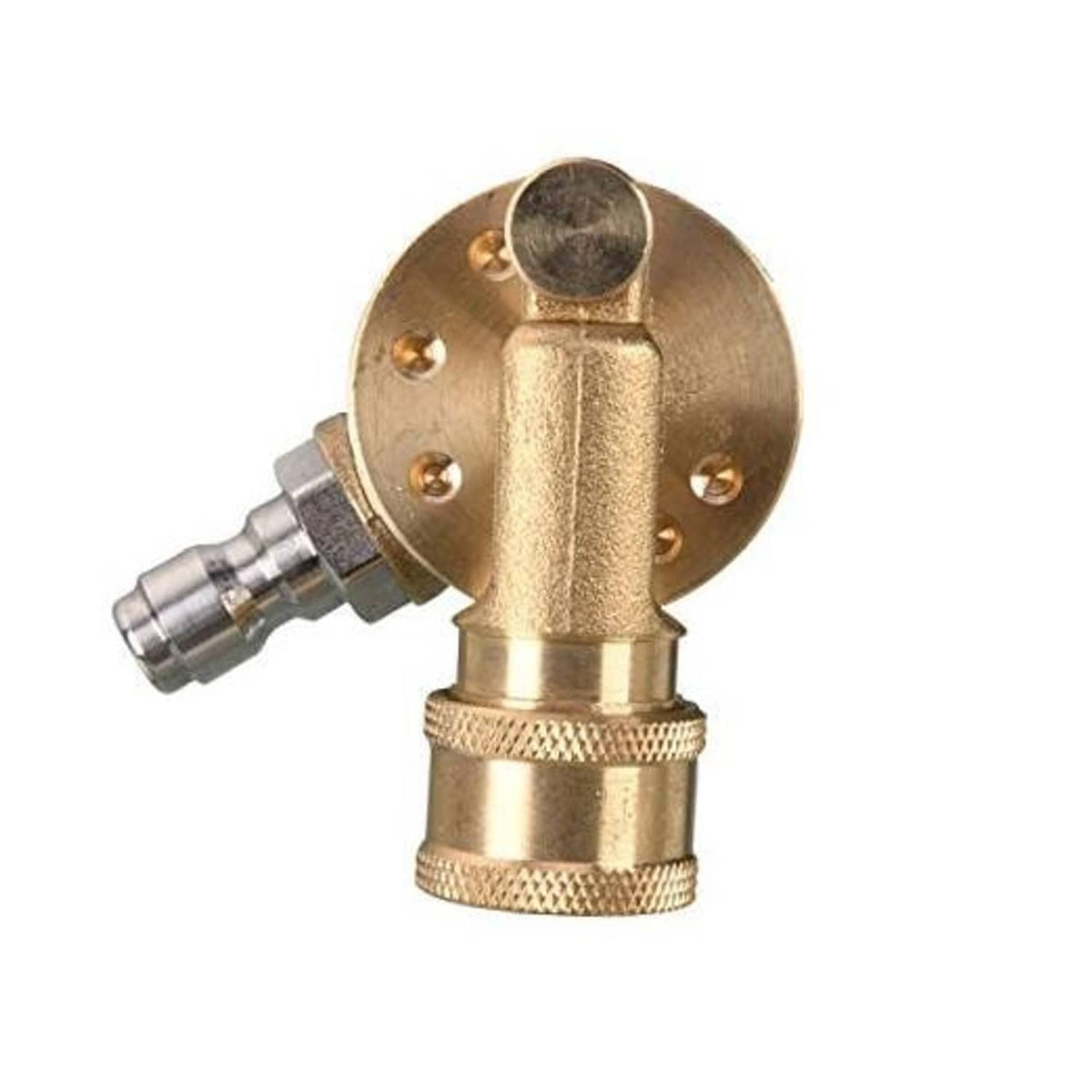 Brass pivoting pressure-washer coupler with quick-connect fitting, angled outlet and flange