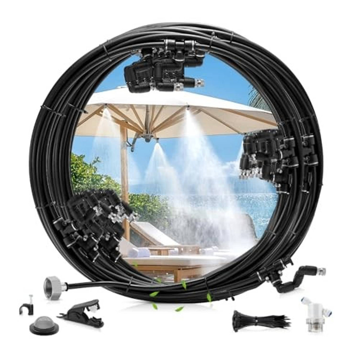 Black 65 ft misting hose kit with multiple 360° nozzles and connectors