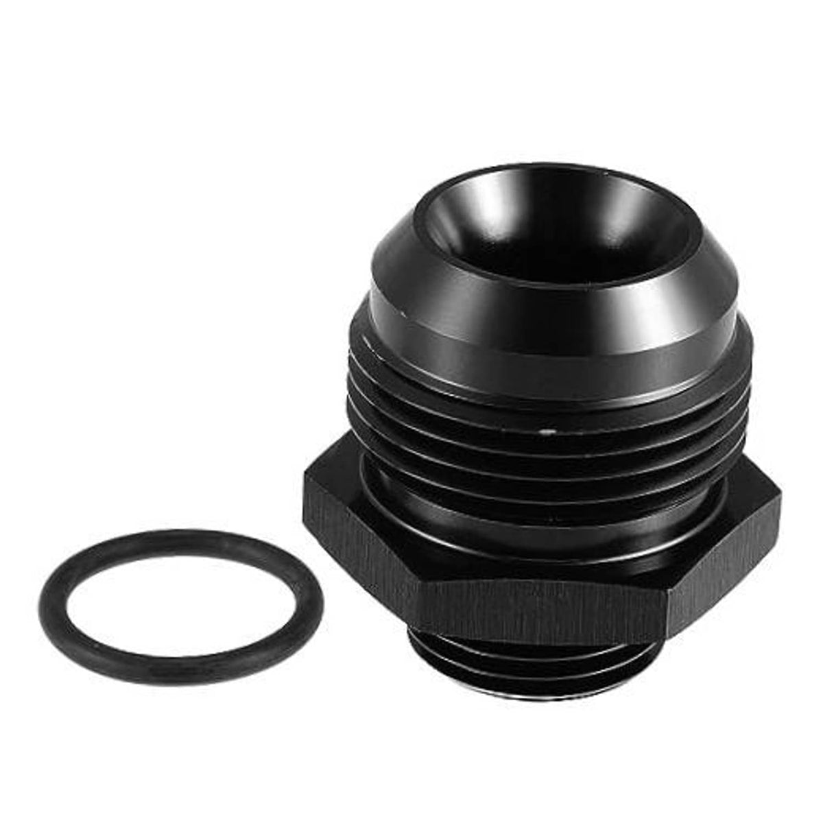 AN16 to AN10 ORB O-ring adapter, black aluminum with hex base and flared inlet