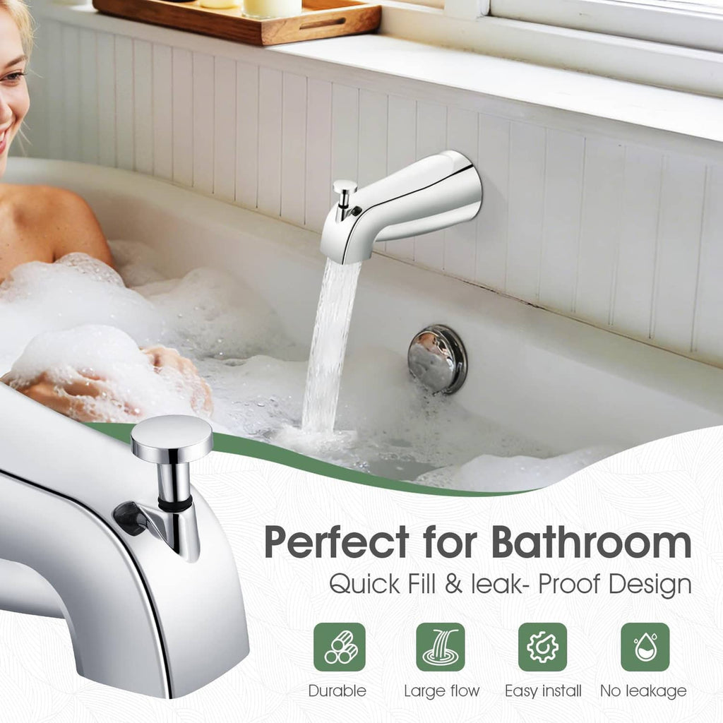 Chrome bathtub faucet spout with lift knob pouring water into the tub