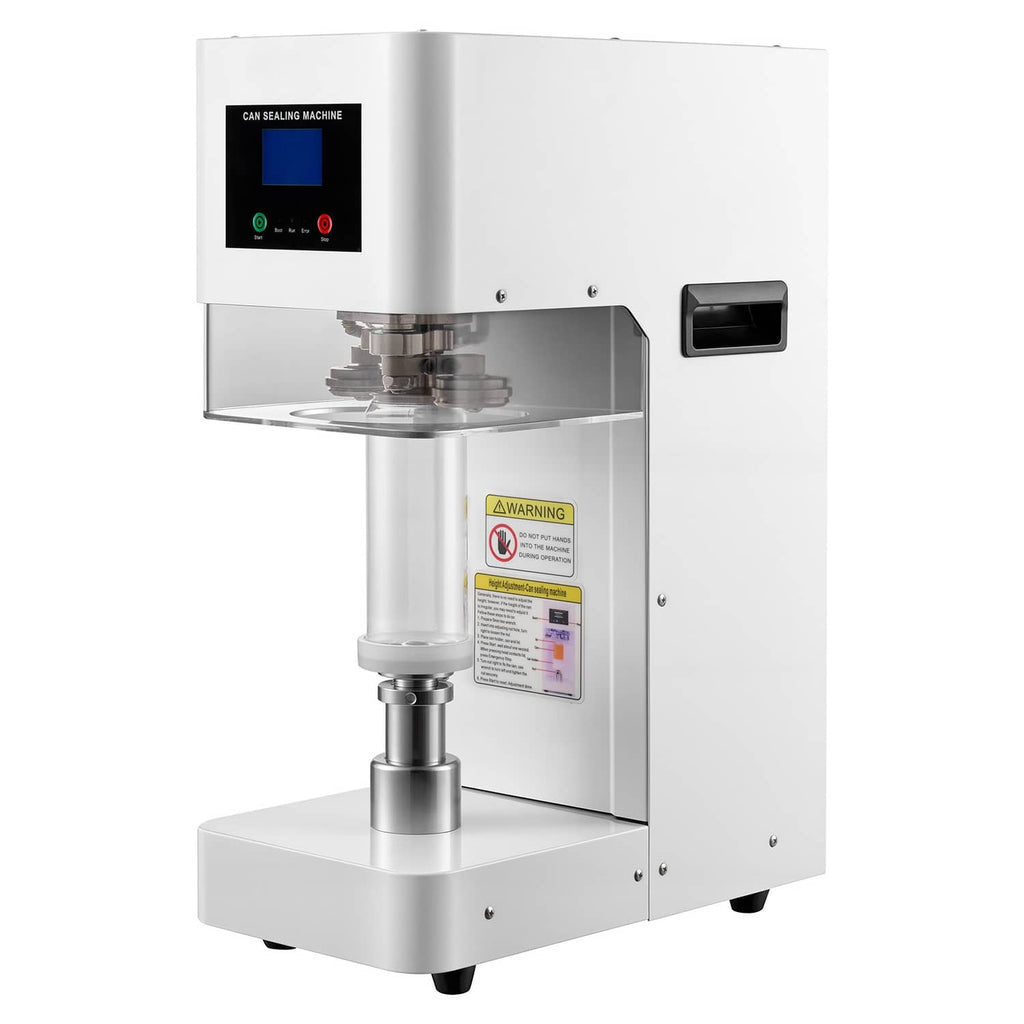 White automatic can sealing machine with open chamber and sealing head, angled view.