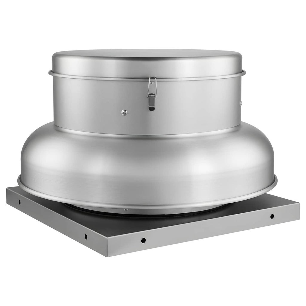 Roof exhaust fan with round metal housing and flat mounting base, silver