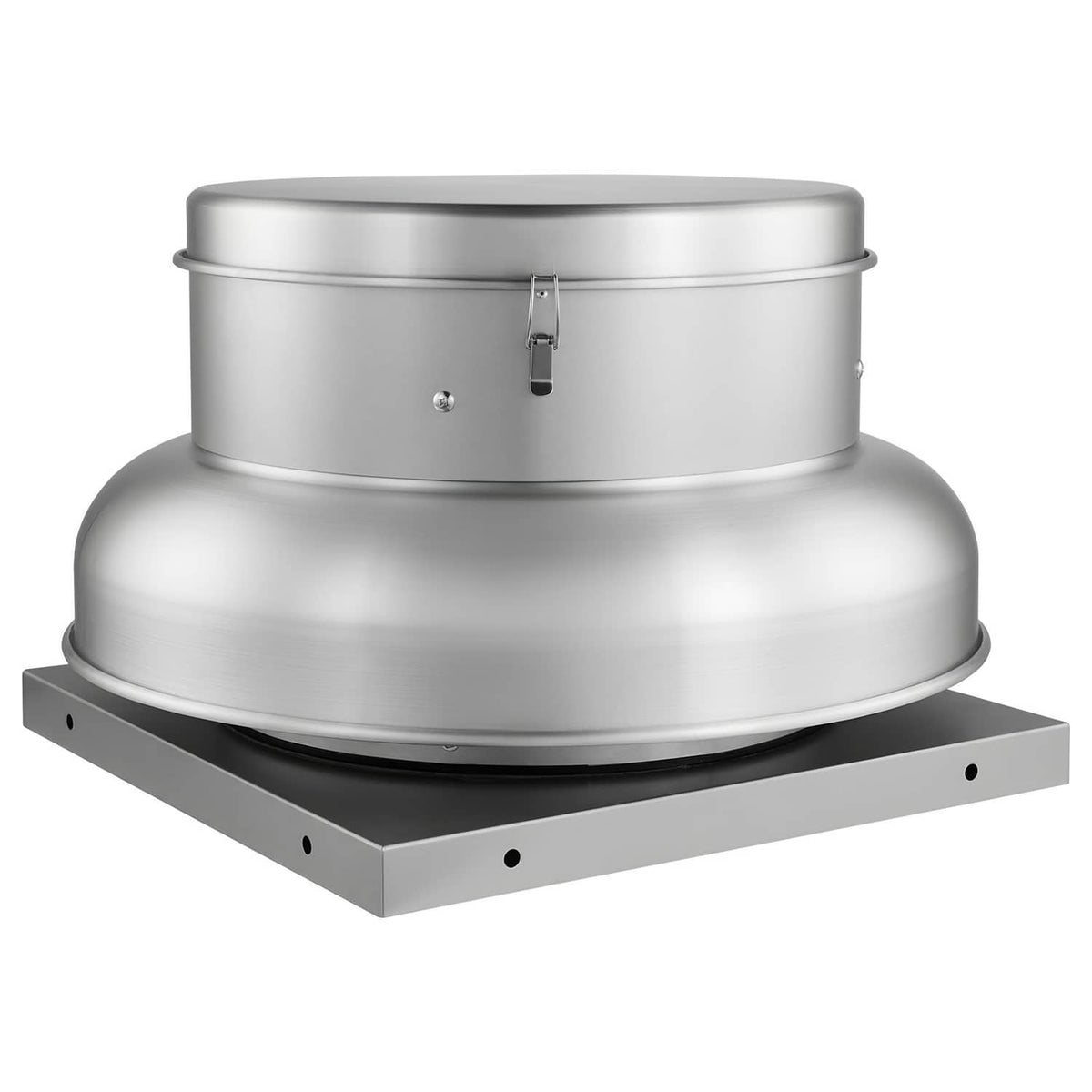 Roof exhaust fan with round metal housing and flat mounting base, silver