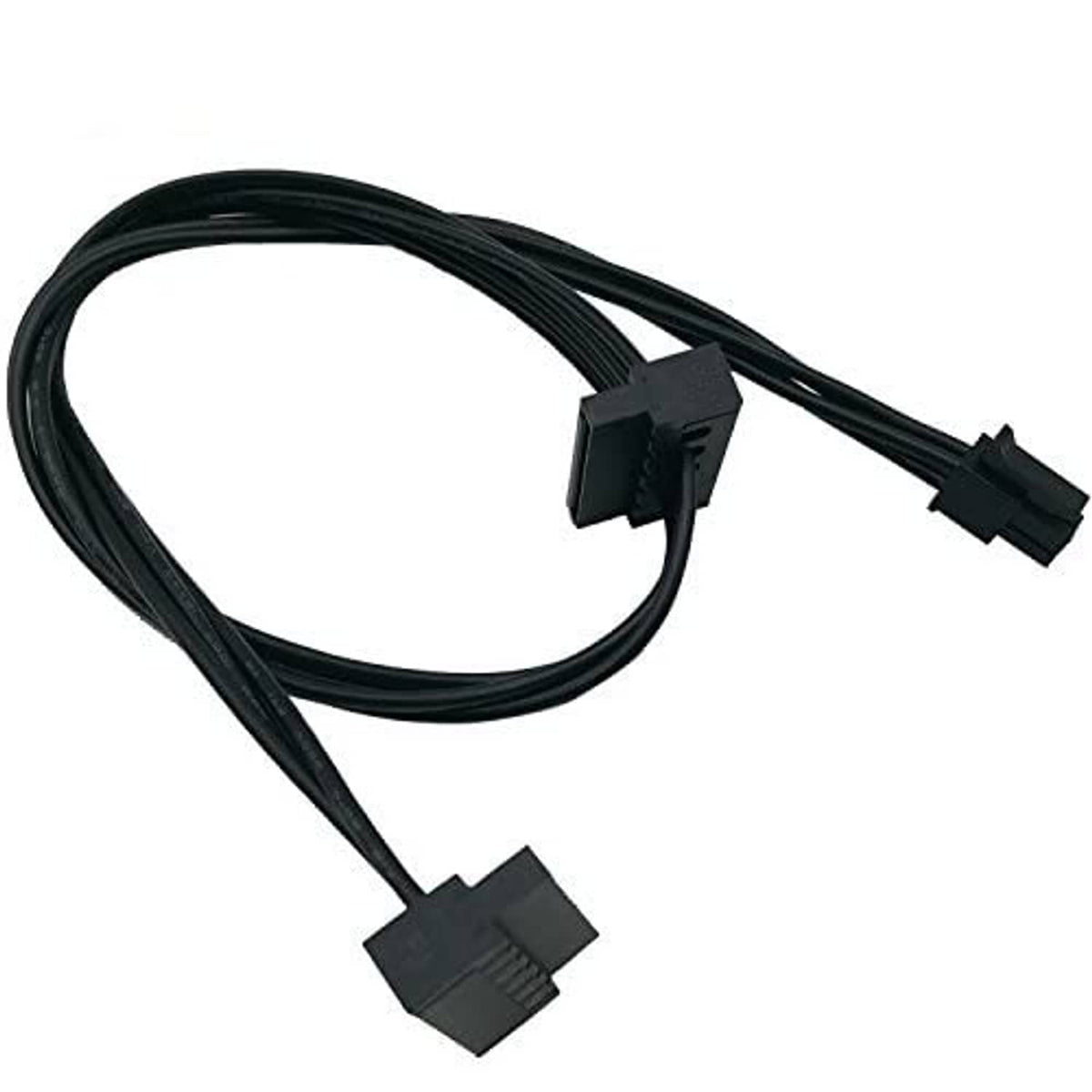 Black SATA power cable with mini 4-pin male plug and right-angle connector ends
