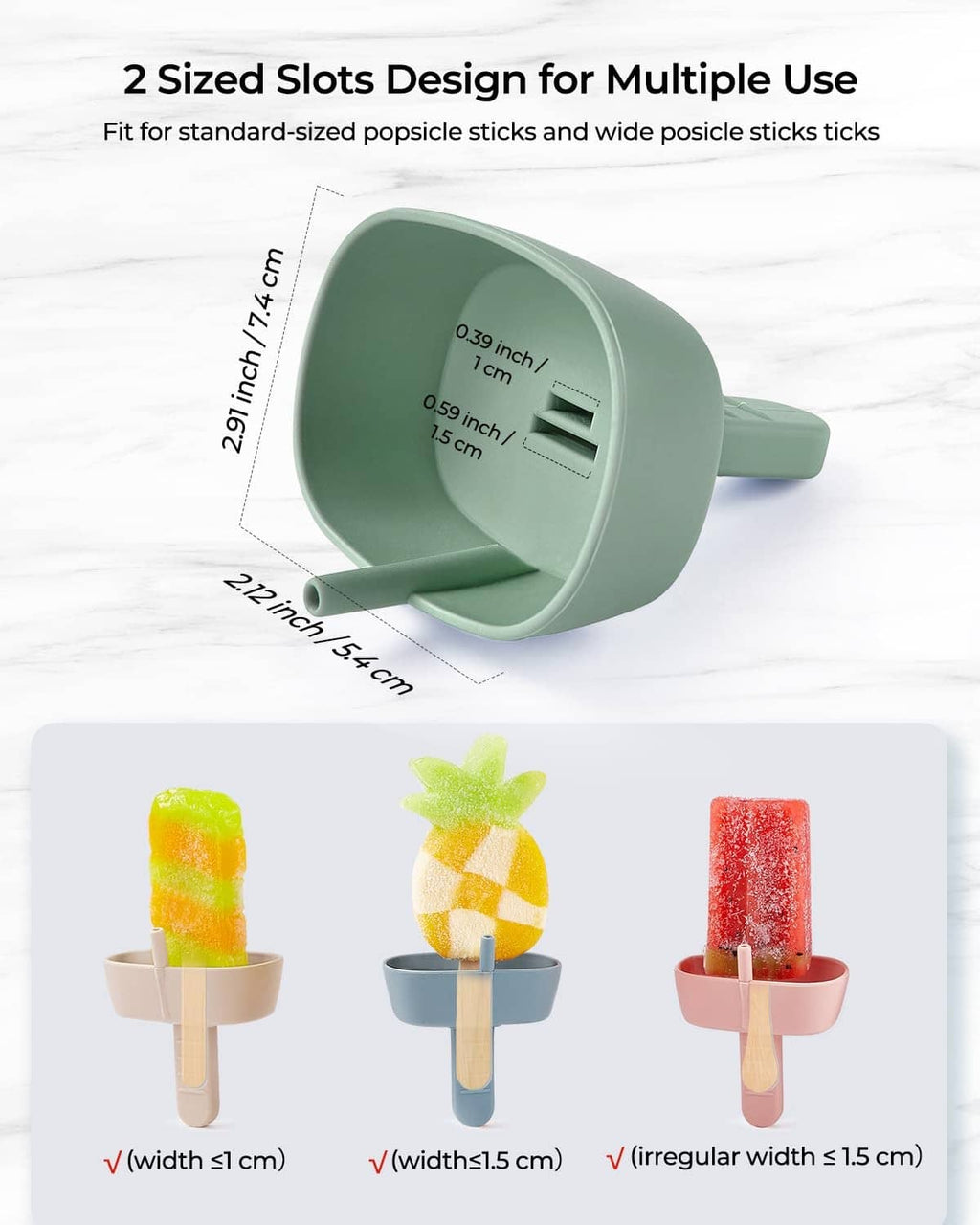 Green silicone popsicle holder with 2 slots for standard and wide popsicle sticks