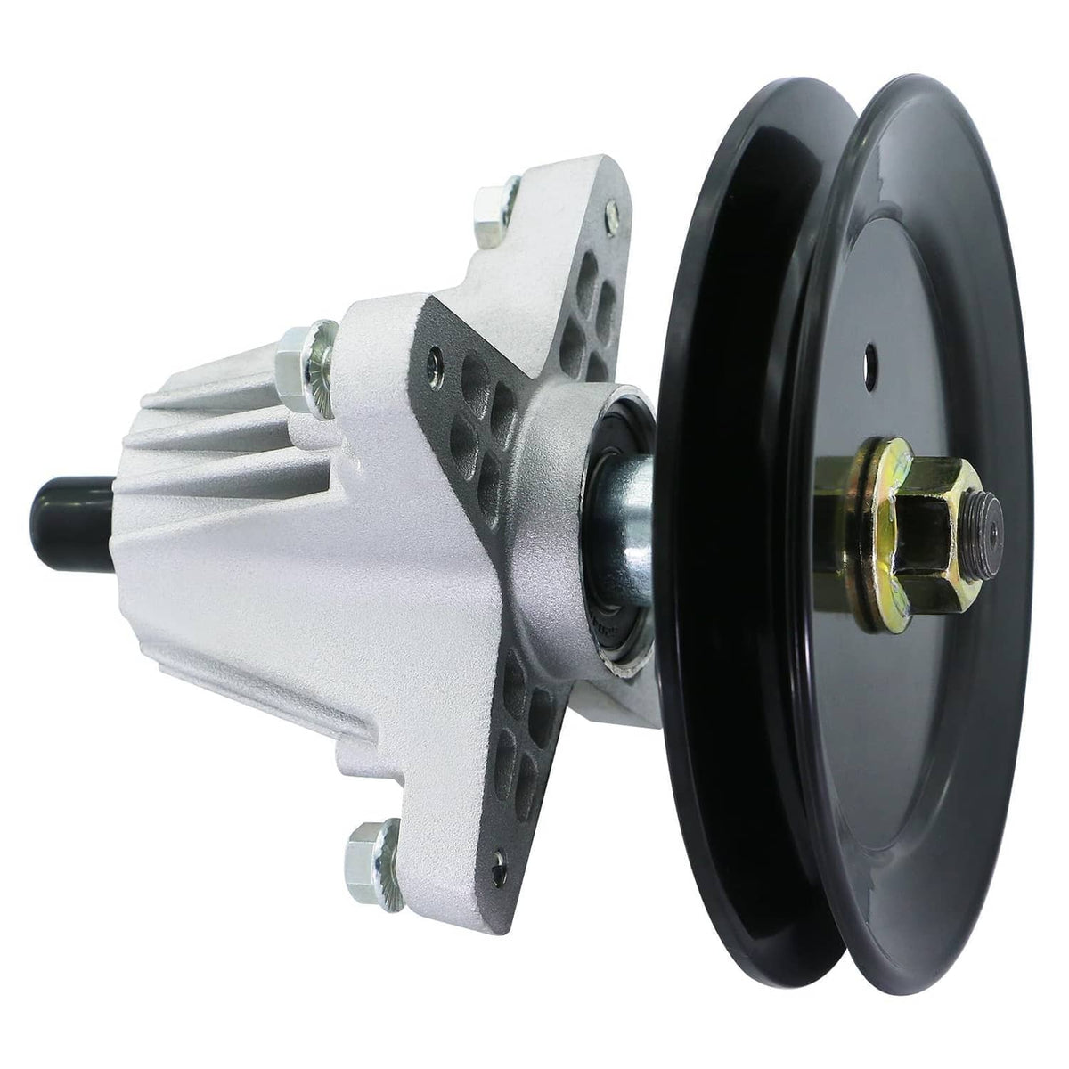 Black pulley wheel with silver bracket and yellow-capped center bolt