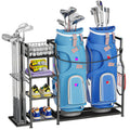 Golf bag storage organizer stand with two blue golf bags and club accessory rack
