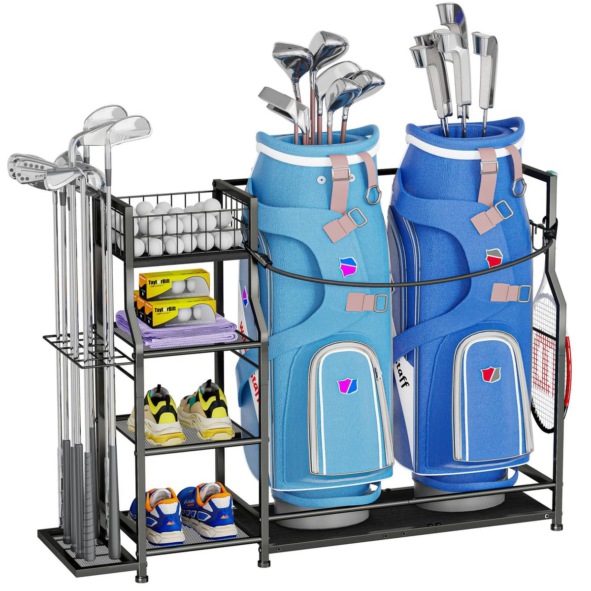 Golf bag storage organizer stand with two blue golf bags and club accessory rack