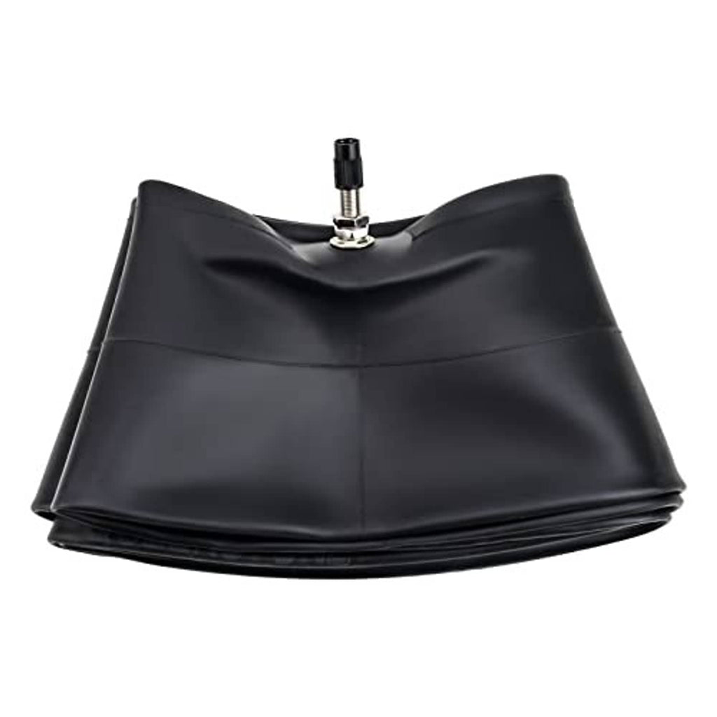 Black motorcycle inner tube with straight valve stem, folded side view
