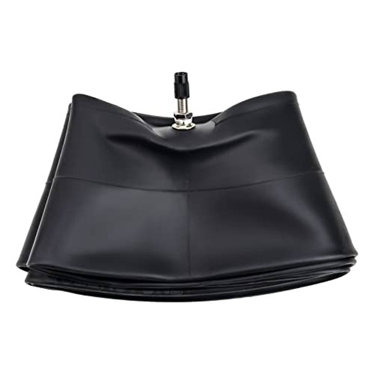 Black motorcycle inner tube with straight valve stem, folded side view