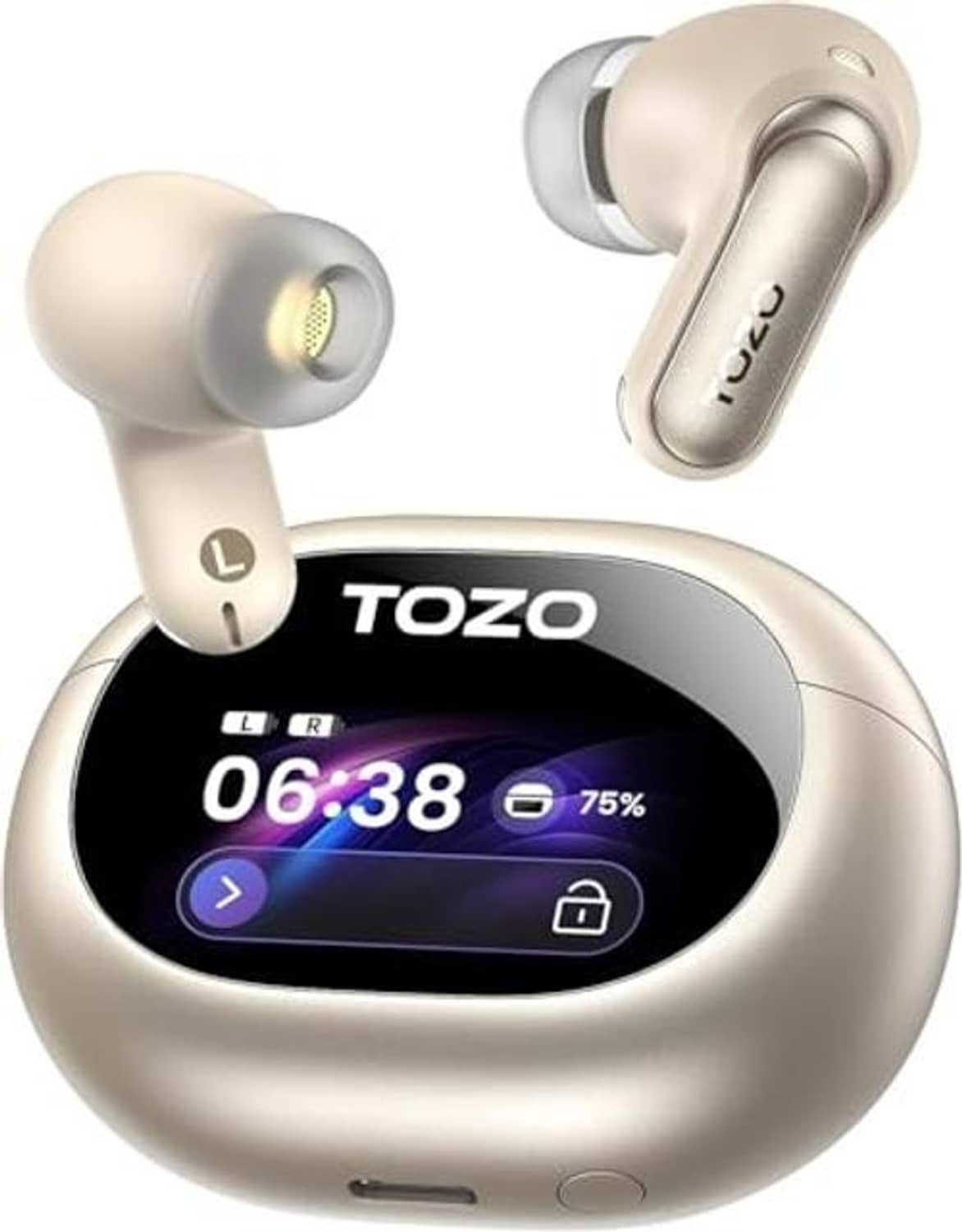 Titanium gold wireless earbuds in charging case with LCD time display