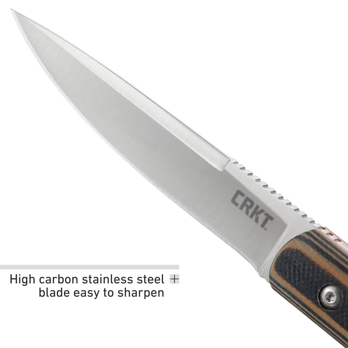 High-carbon stainless blade with serrated spine and striped dark G10 handle