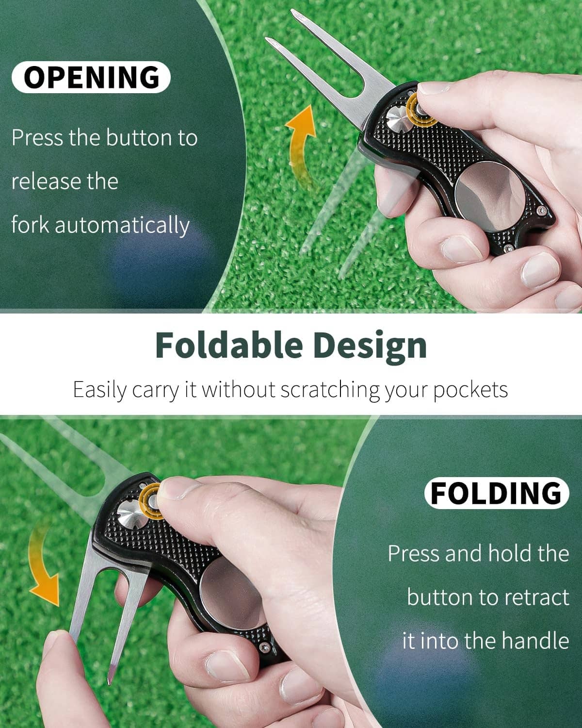 Foldable golf divot repair tool being pressed to fold the fork into handle