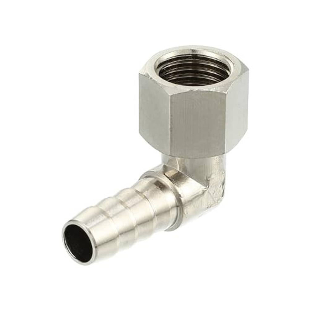 90-degree metal hose fitting adapter, hex body with threaded inlet and straight barb end