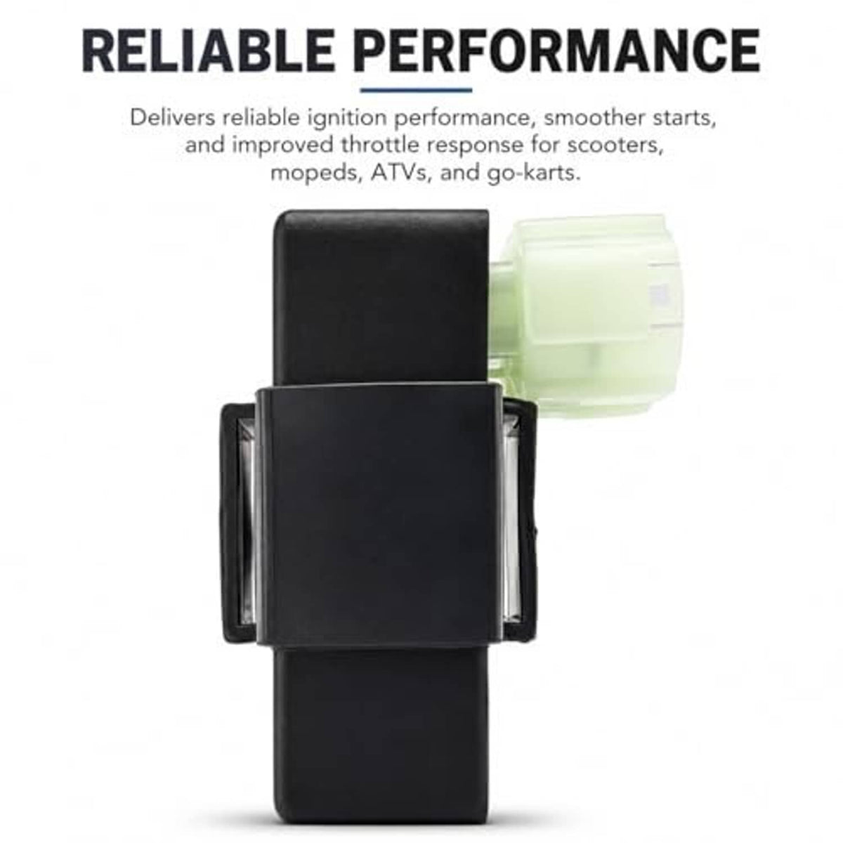Black AC CDI unit with light green connector and front mounting bracket, compact form