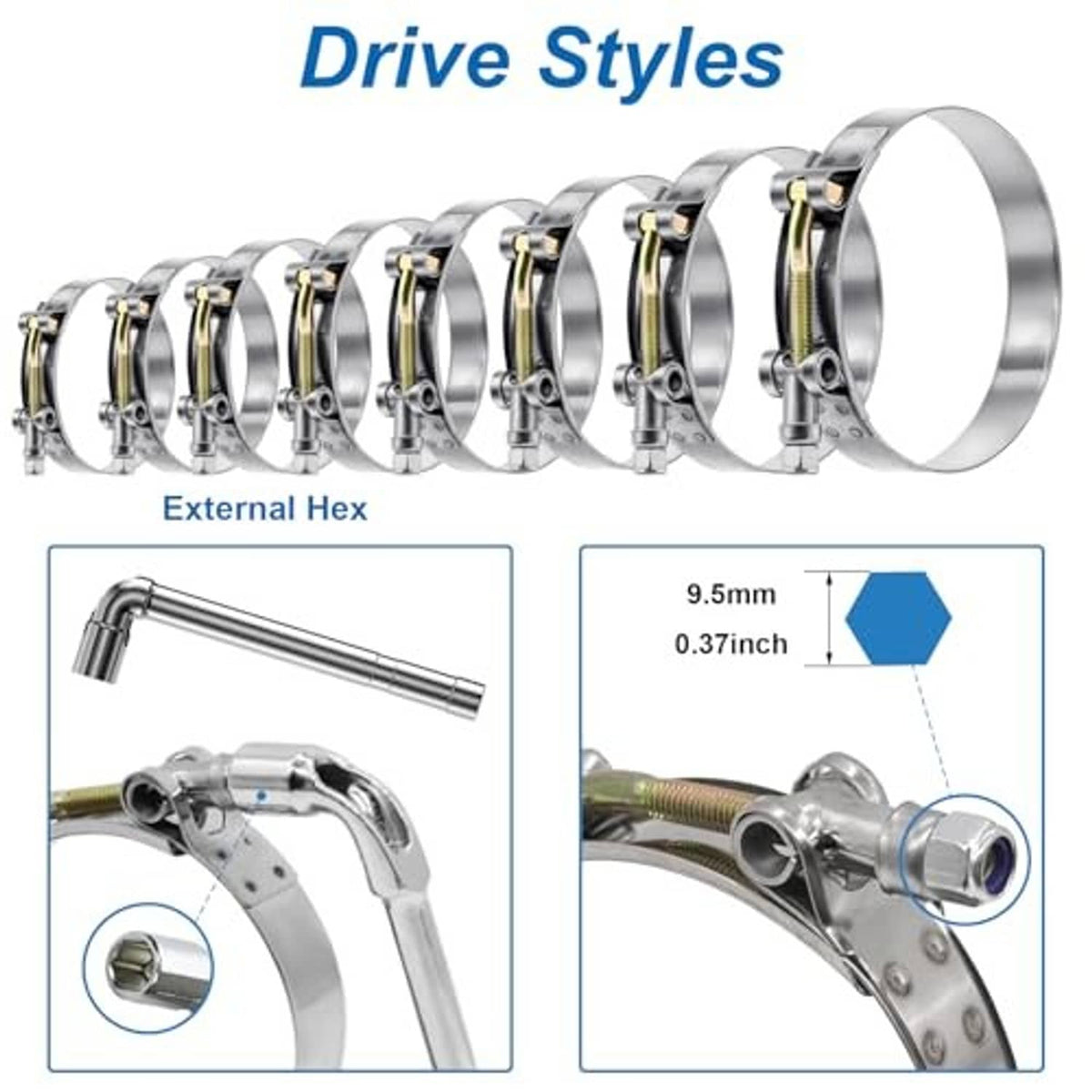 Stainless steel T-bolt hose clamp with external hex drive and gold bolt