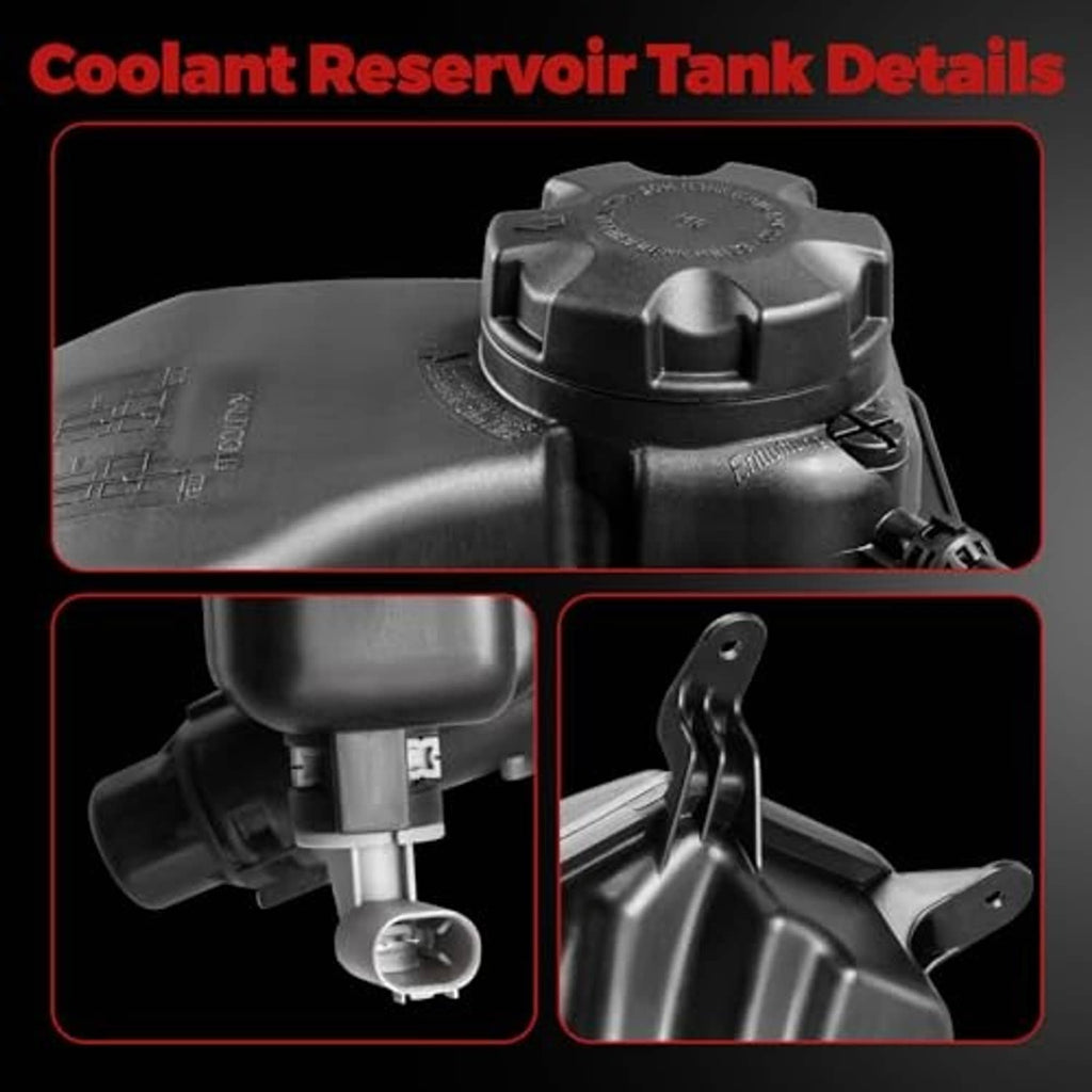 Coolant reservoir tank with cap detail and sensor area, side outlet fittings