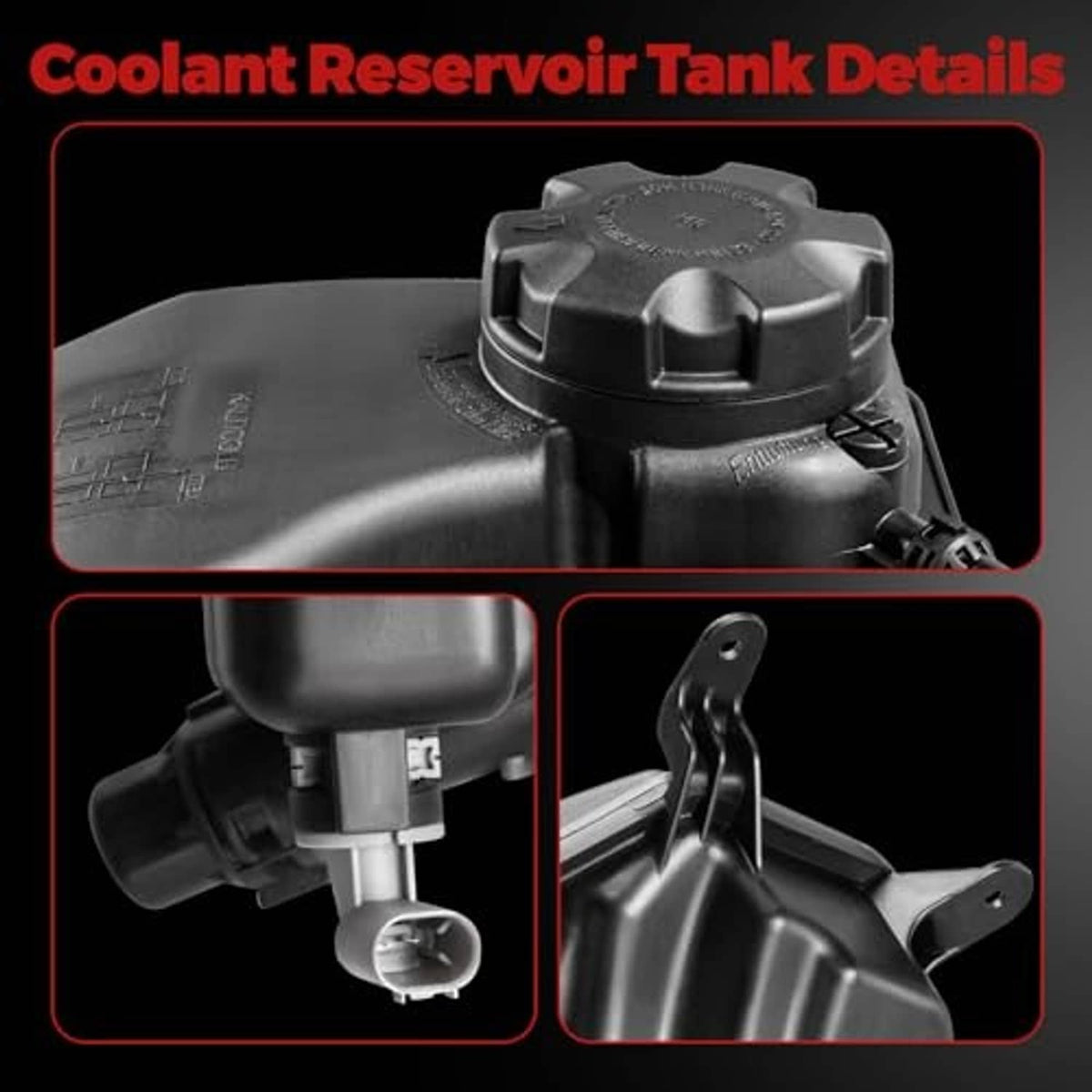 Coolant reservoir tank with cap detail and sensor area, side outlet fittings