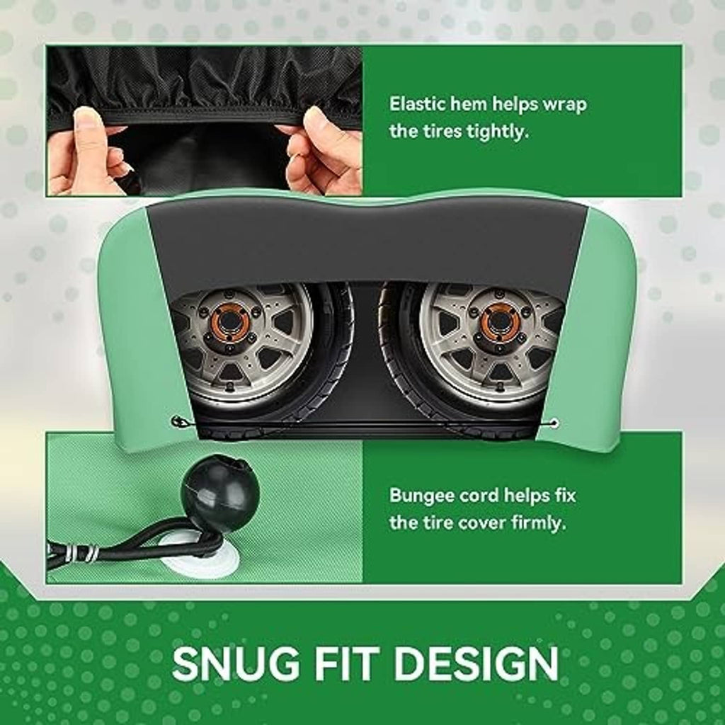 Dual-axle RV tire cover with green edge, elastic fit and bungee cord for wheels