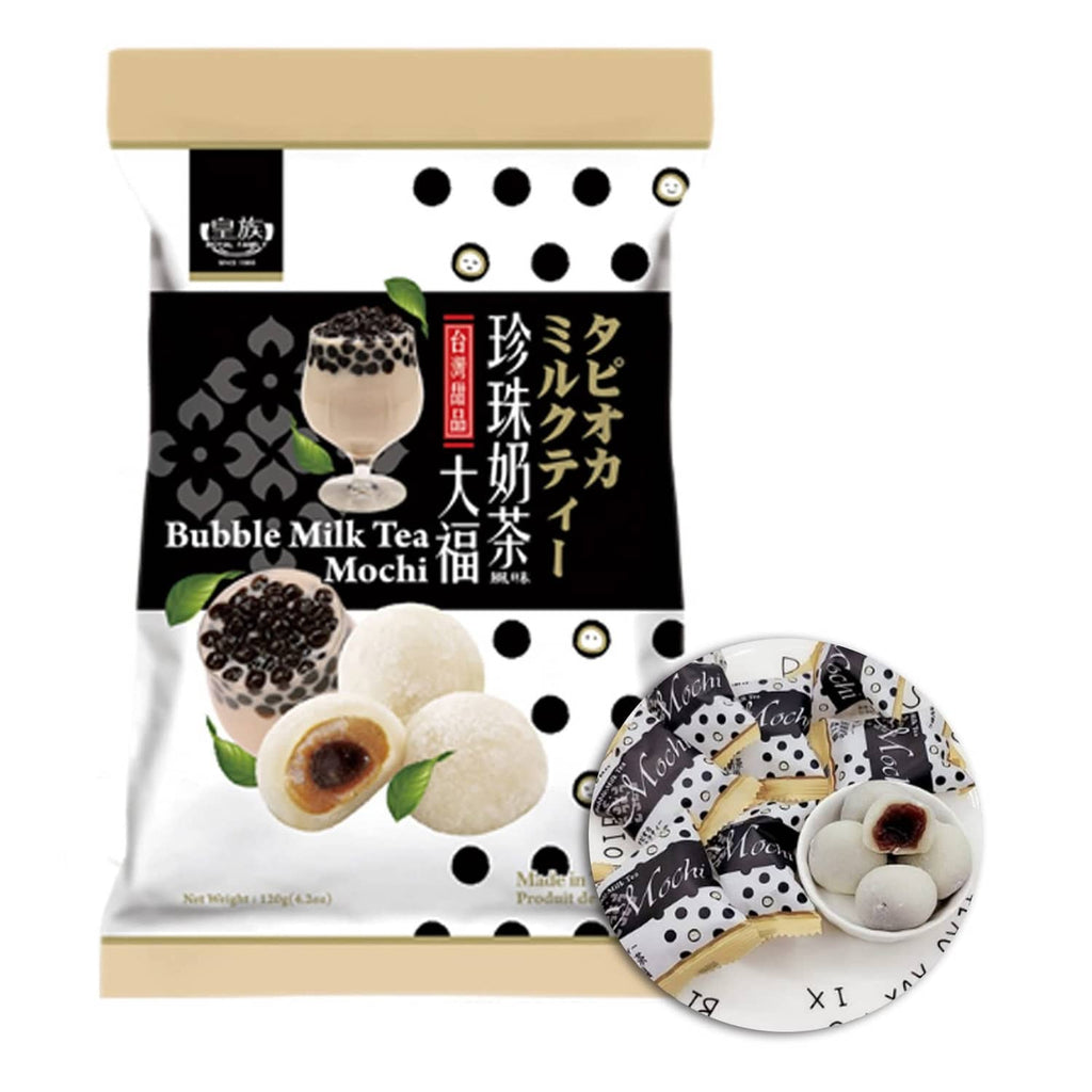 Bubble milk tea mochi candy bag with white rice cakes and dark topping accents