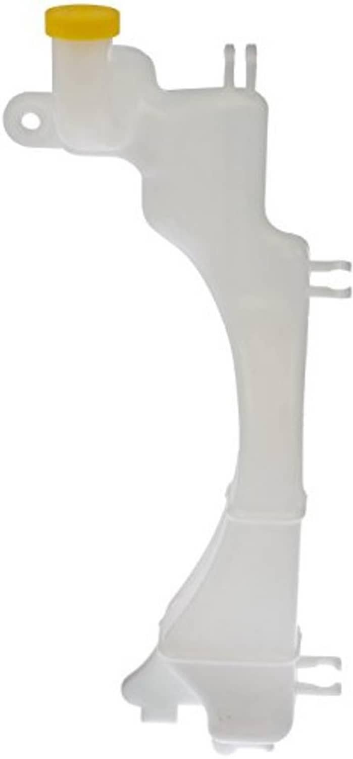 Non-pressurized coolant reservoir with yellow cap and multiple hose connectors, side view