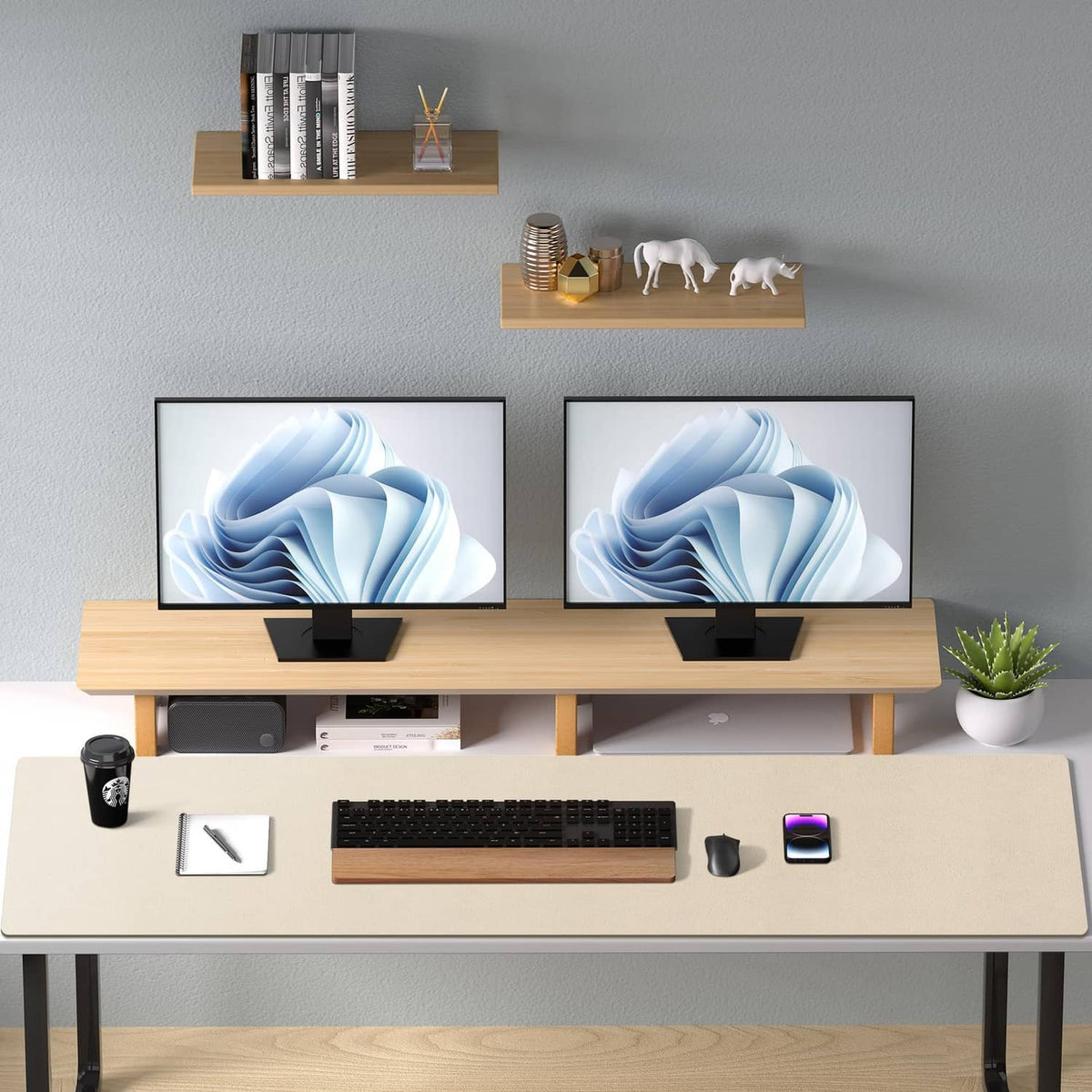 Beige desk pad protector on a desk with keyboard and mouse