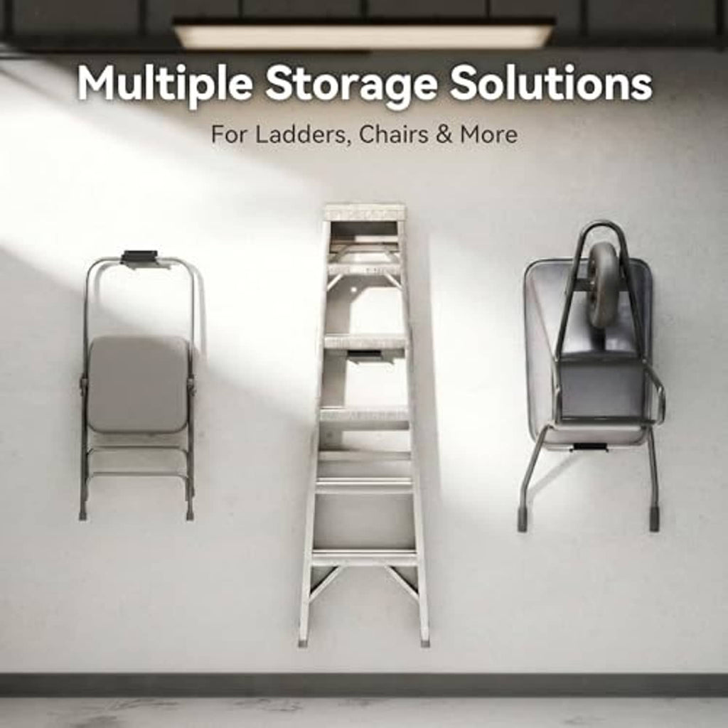 Black wall storage hooks holding a ladder and chairs, heavy-duty metal brackets