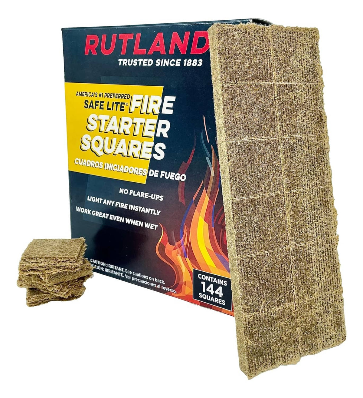 Rutland Safe Lite fire starter squares, tan compressed tinder squares and retail box