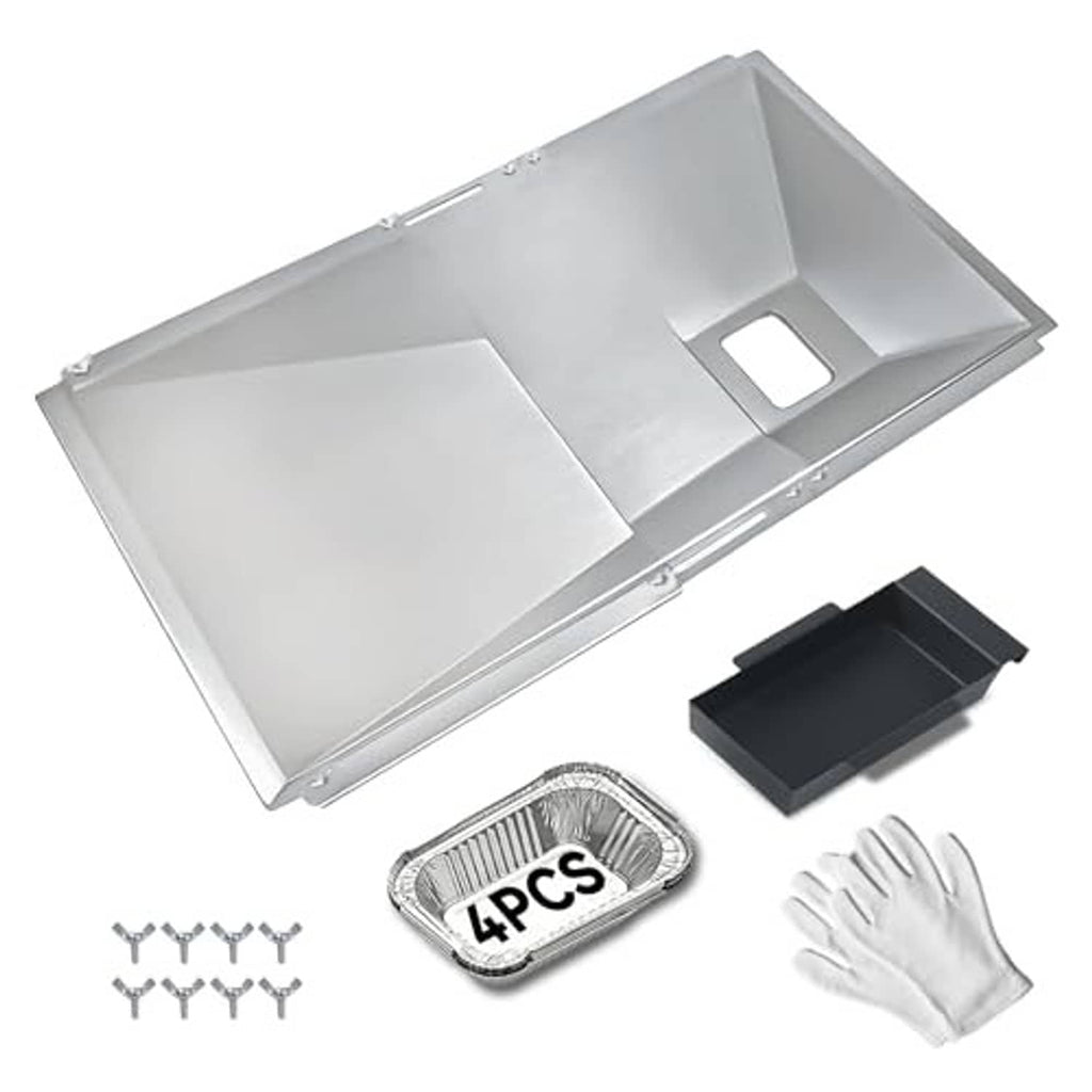 Universal grill grease tray replacement kit with catch pan, screws, and gloves