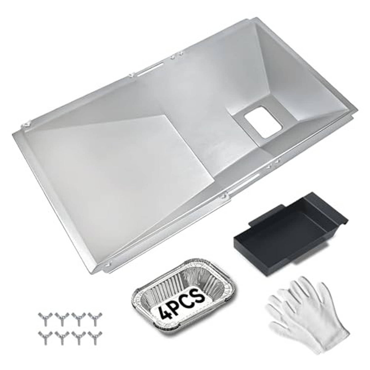 Universal grill grease tray replacement kit with catch pan, screws, and gloves