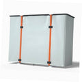 Mini split air conditioner cover with light gray fabric, orange straps, and black top