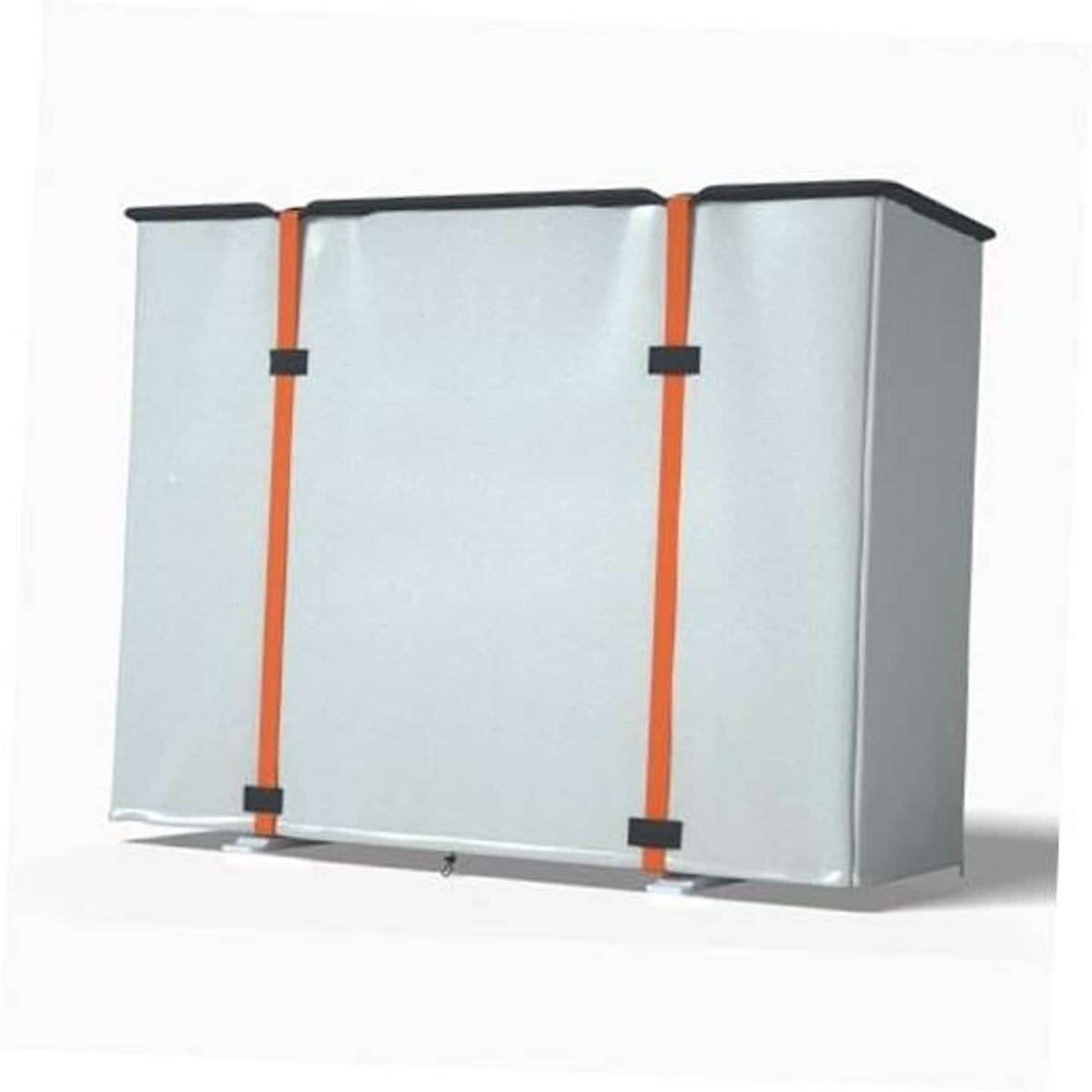 Mini split air conditioner cover with light gray fabric, orange straps, and black top