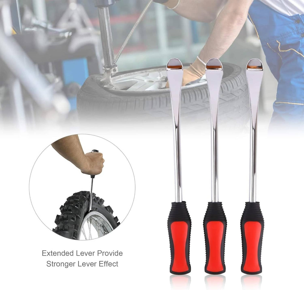 Tire changing levers with extended lever design and red grip accents
