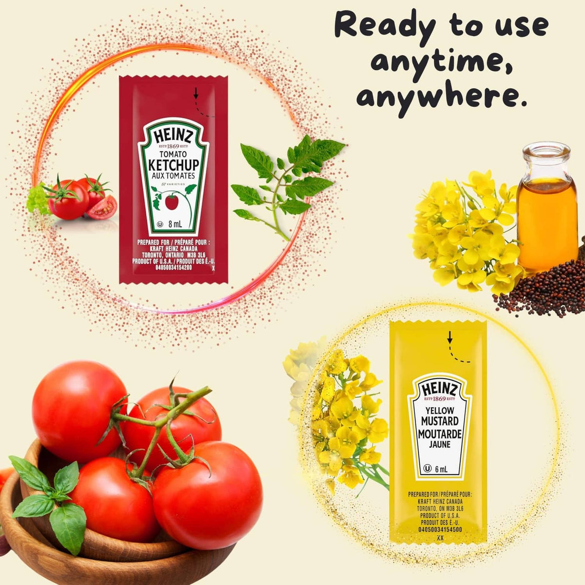 Heinz ketchup and yellow mustard condiment packets with tomato and mustard images