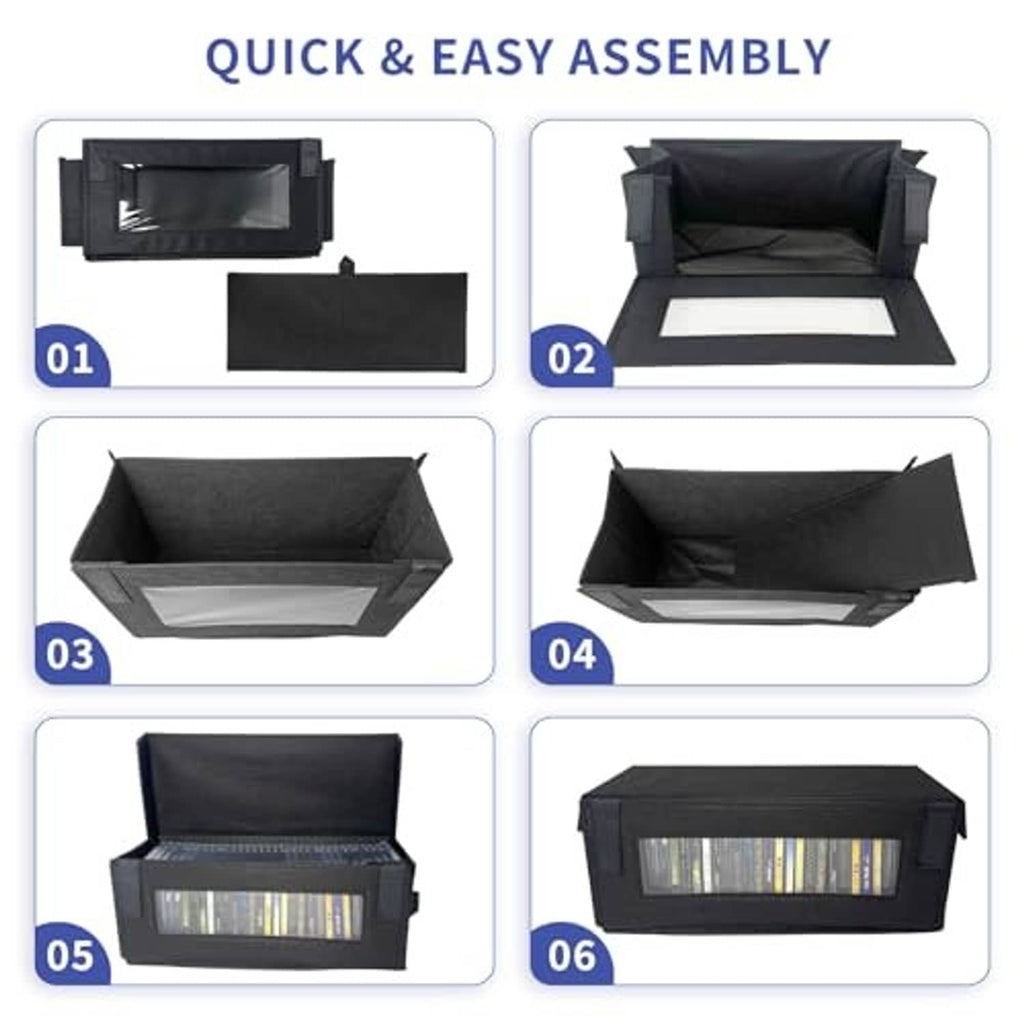 Black CD storage box shown in quick assembly steps, front window visible