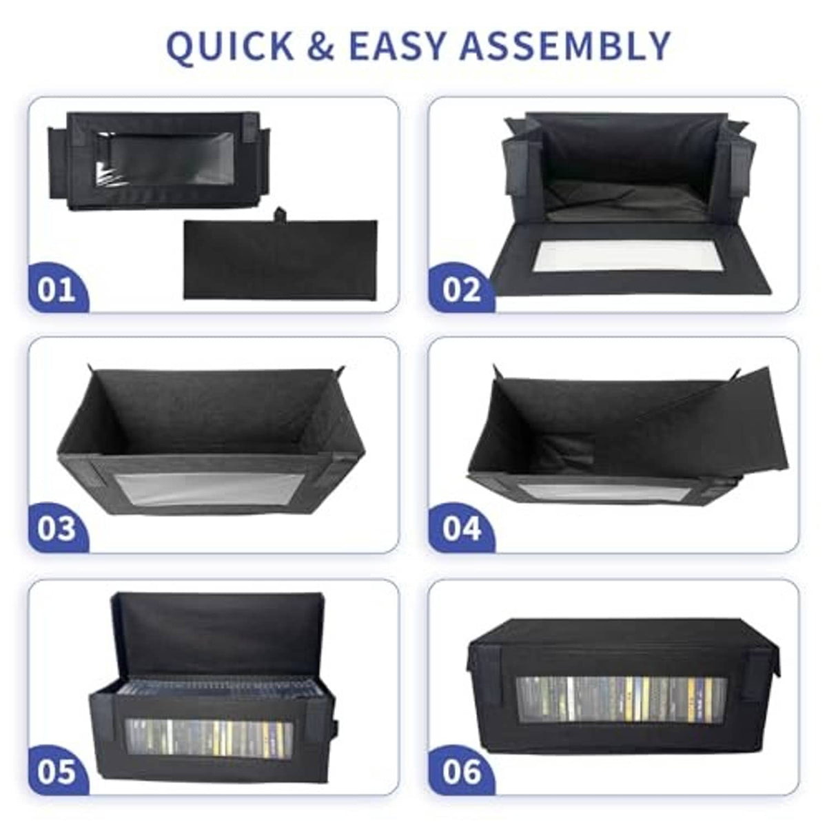 Black CD storage box shown in quick assembly steps, front window visible