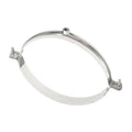 Stainless steel split-ring pipe hanger clamp with adjustable mounting bolts.