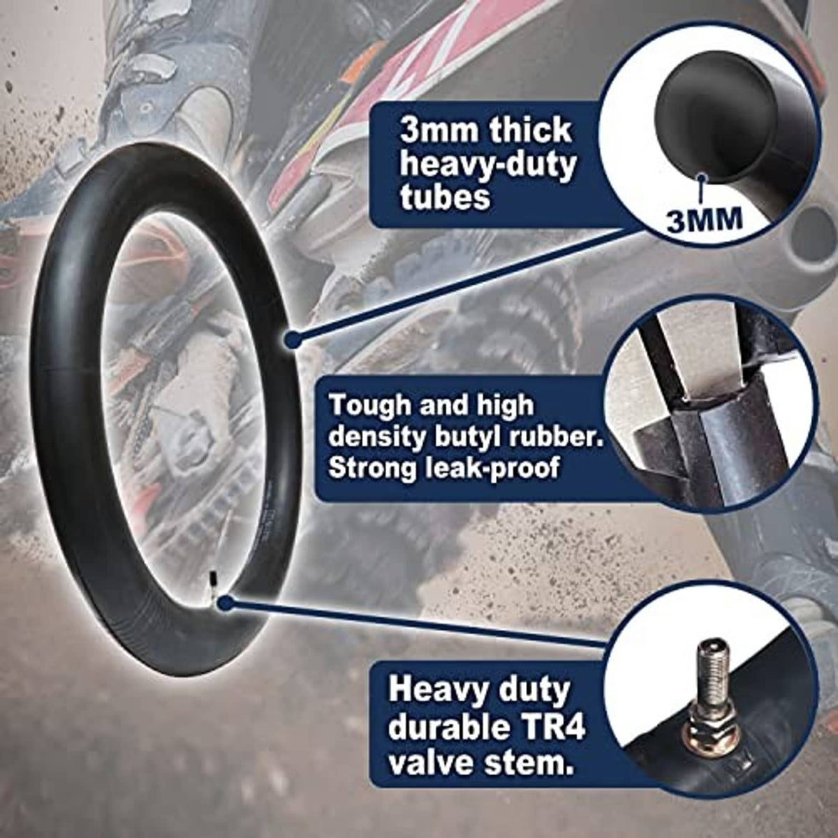 Black heavy-duty motorcycle inner tube with TR4 valve stem and thick-tube design