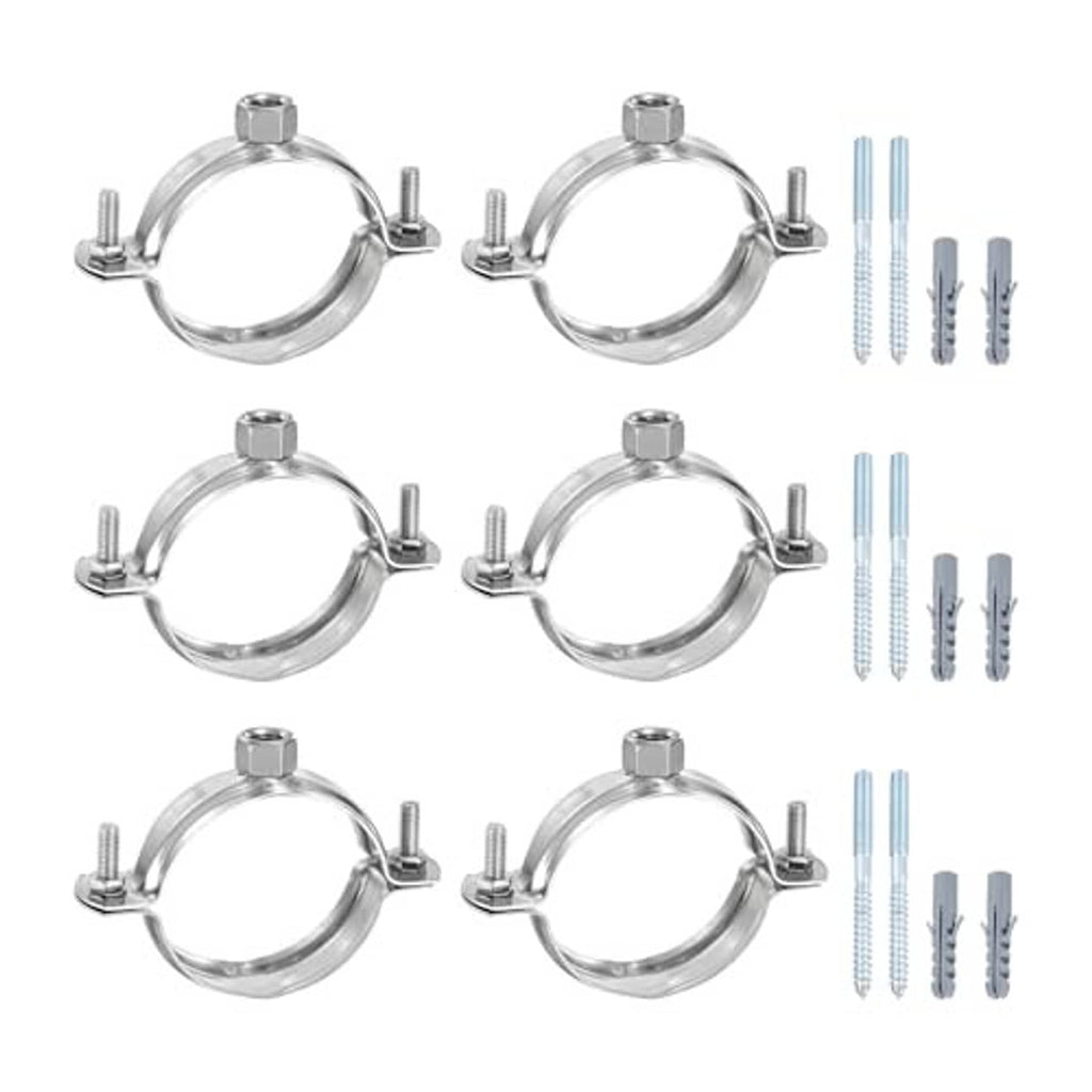 Adjustable stainless pipe bracket clamps (6-pack) shown with screws and anchors