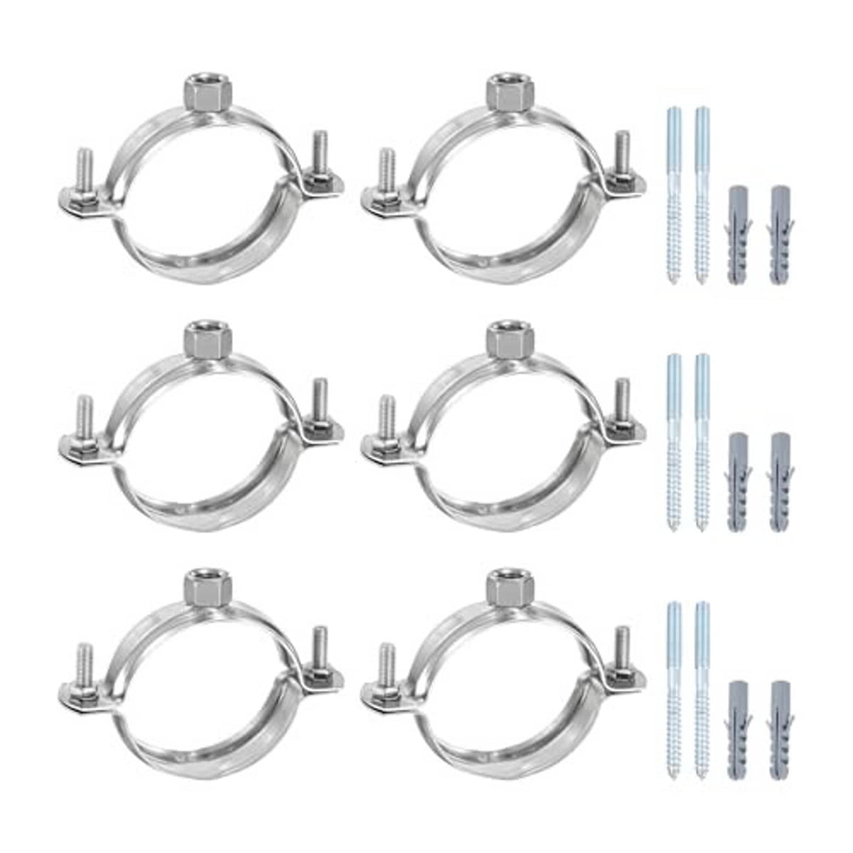 Adjustable stainless pipe bracket clamps (6-pack) shown with screws and anchors