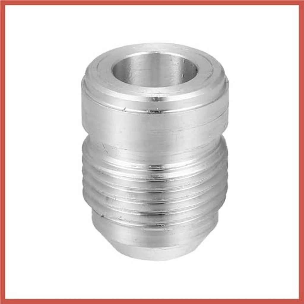 Silver aluminum weld-on bung hose adapter fitting, front view of circular inlet