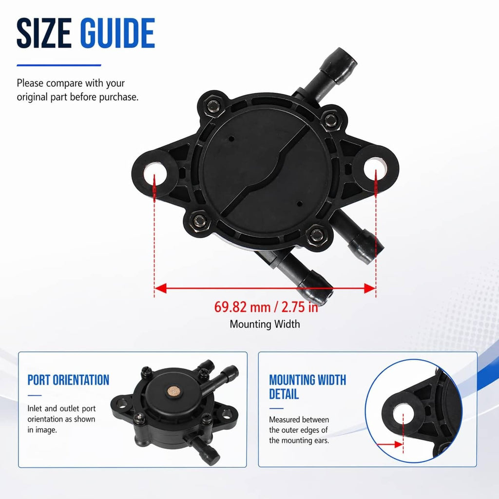 Black diaphragm fuel pump, top view with two hoses and round mounting plate