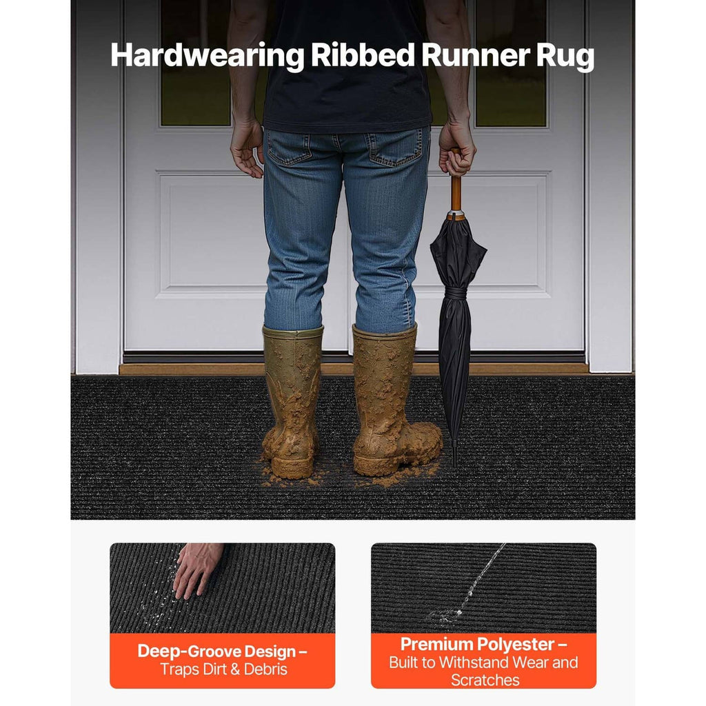 Rectangular black door mat with deep-groove ribbed texture and textured grip surface.