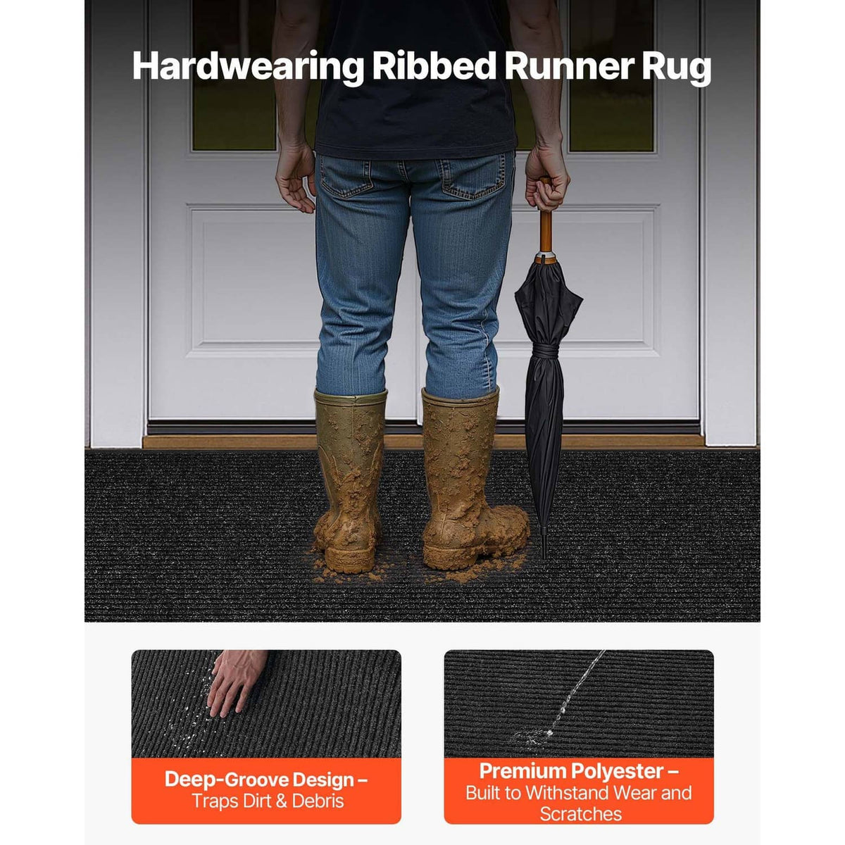 Rectangular black door mat with deep-groove ribbed texture and textured grip surface.